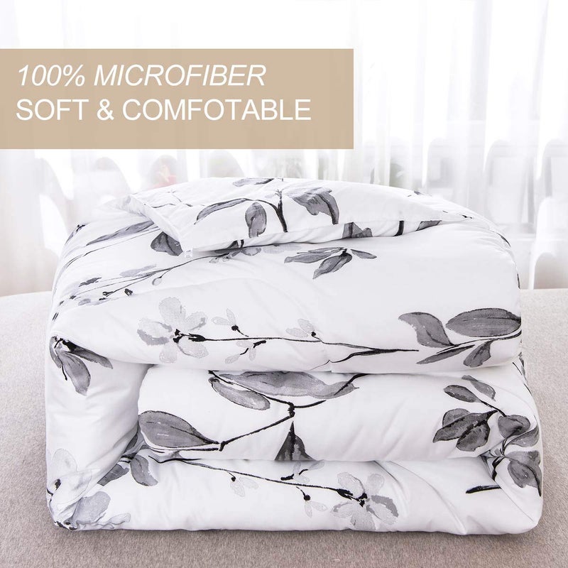 Nanko King Comforter Set 3pc,White and Gray/Grey Floral Reversible Down Alternative Microfiber Bedding - All Season Comforter and 2 Pillowshams Bed Sets for Women, 104 x 90 Size Flower - Image 4